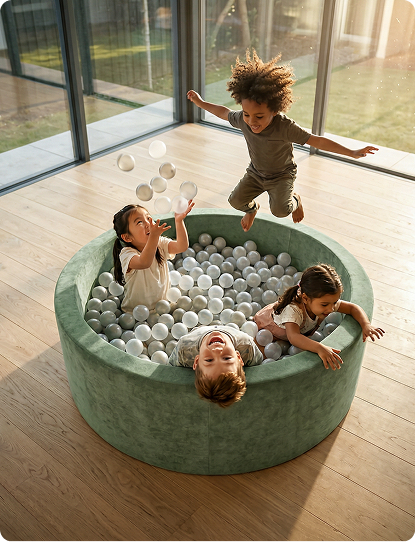 Crianças brincando em uma piscina de bolinha